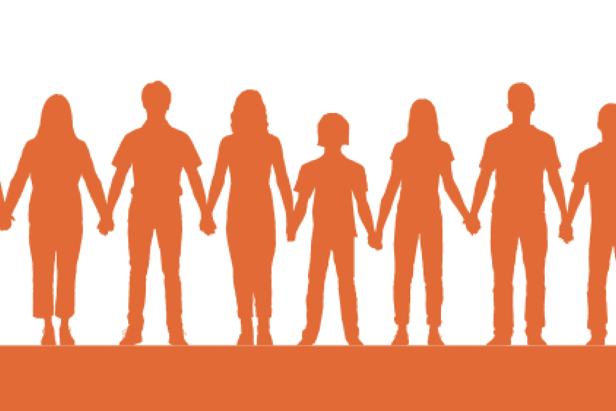Silhouettes holding hands in a row Row of orange human silhouettes holding hands inside a rounded rectangular frame on a white background.