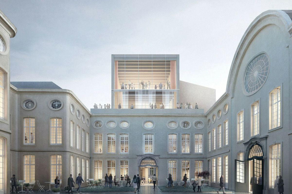 Historic courtyard with modern rooftop pavilion Courtyard of a historic building with tall windows and a modern glass rooftop pavilion with people on terraces.